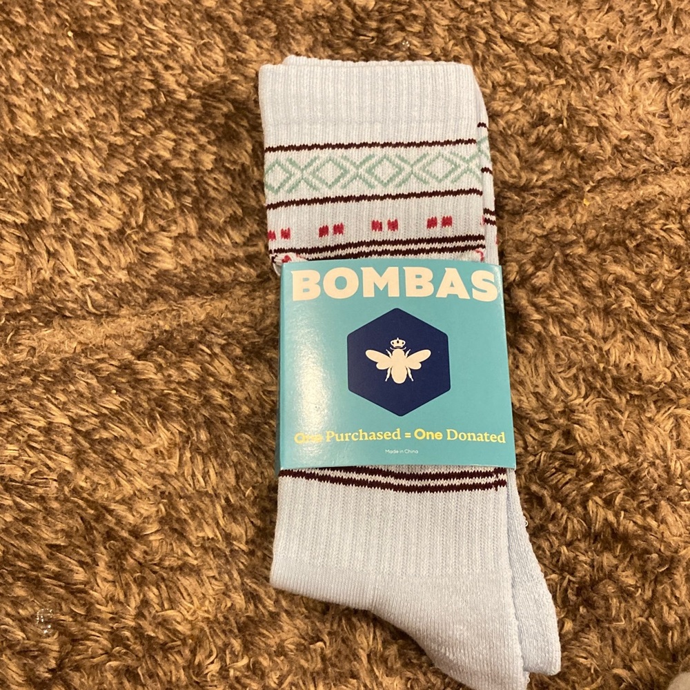 Bombas Light Blue Crew Socks with Multicolor Pattern Accents